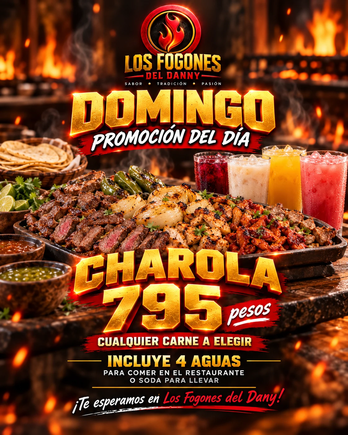 Promoción domingo: charola 795 pesos, carne a elegir con cuatro aguas
