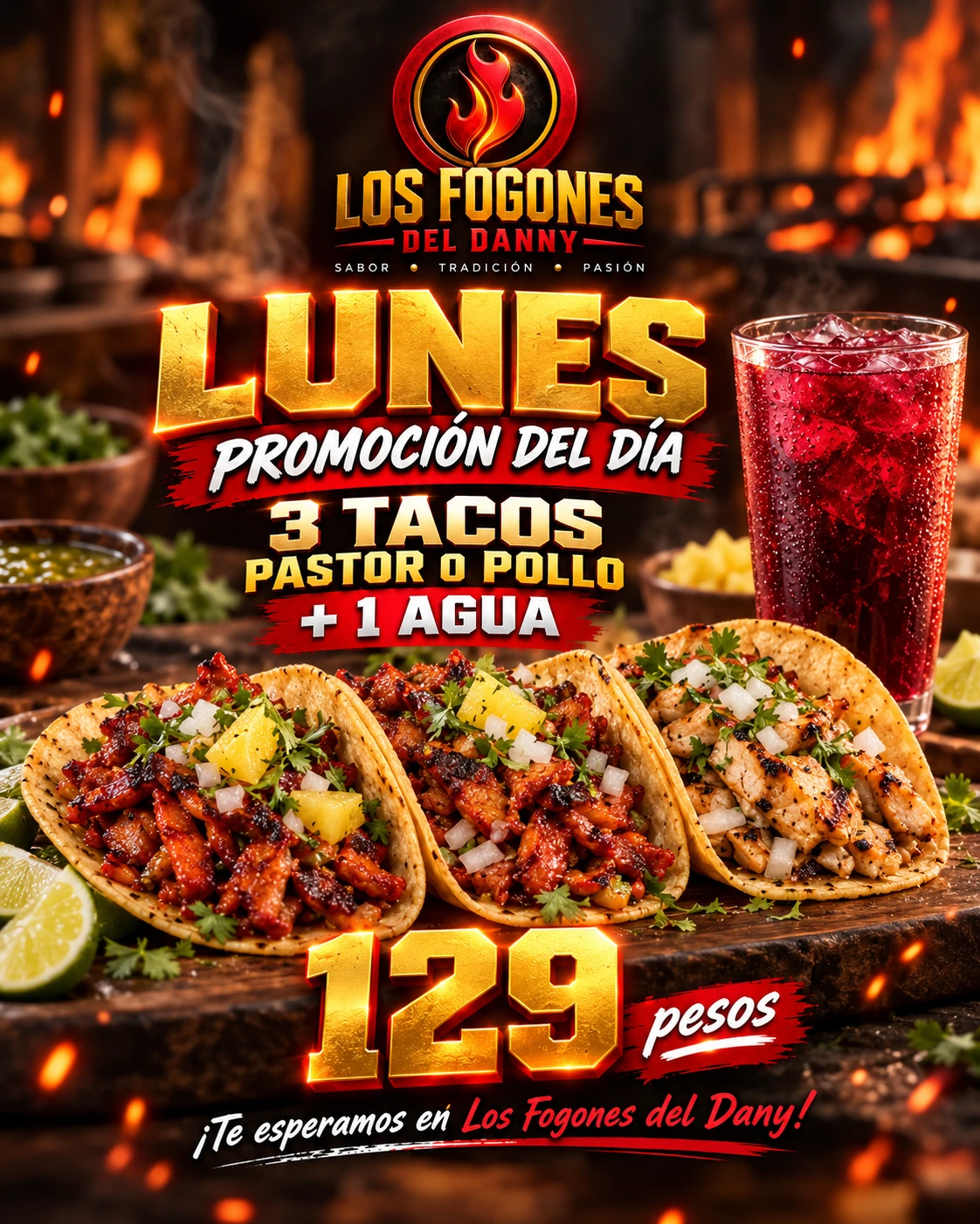 Promoción lunes: 3 tacos pastor o pollo y un agua por 129 pesos